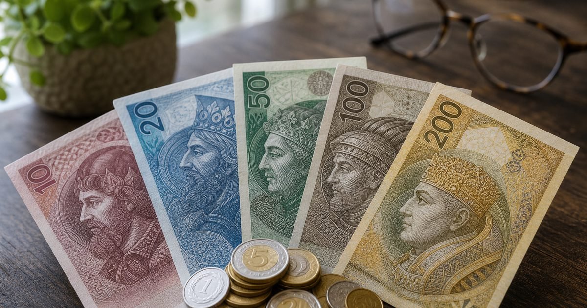Polskie banknoty i monety na drewnianym stole obok rośliny doniczkowej — oszczędności i lokaty 2026